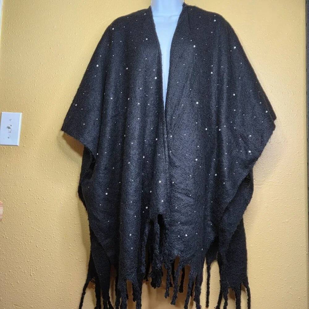 NWT INC International Concepts Women's Embellished Fringe Topper Wrap Black